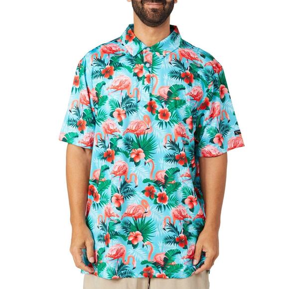 Yatta Golf Polo Shirt Mens 2XL Aqua Short Sleeve Flamingo Tropical Knit Cruise - Picture 1 of 7